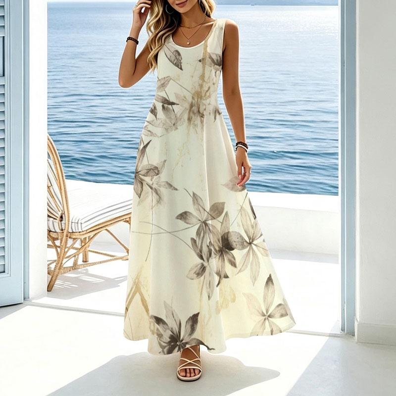 Summer Floral Sleeveless Maxi Dress,Lightweight Loose Fit Elegant for Picnic,Vacation Casual Outings