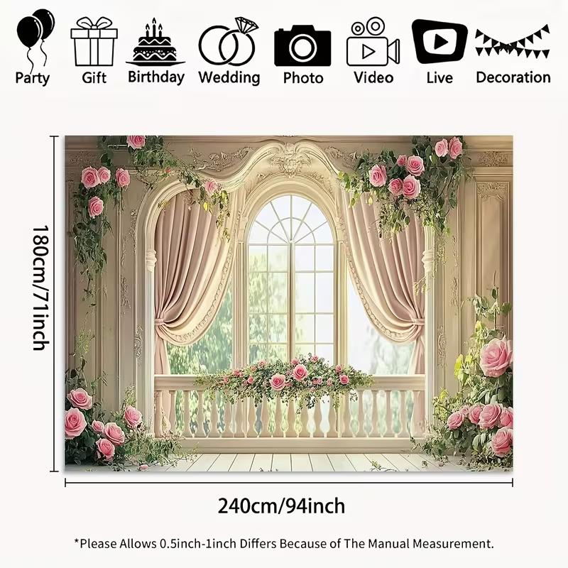 2D Romantic Balcony Backdrop Ornate European Window with Pink Roses Photography Background