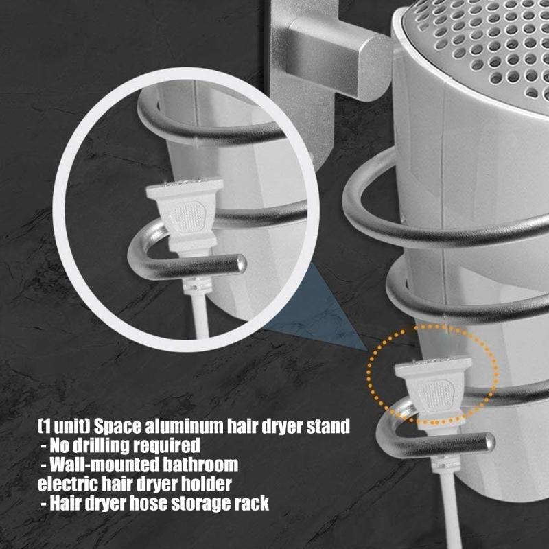 Wall Storage Hair Dryer Holder Aluminum Rack for Bathroom Use with Front Opening and Daily Counter Space Saving Design