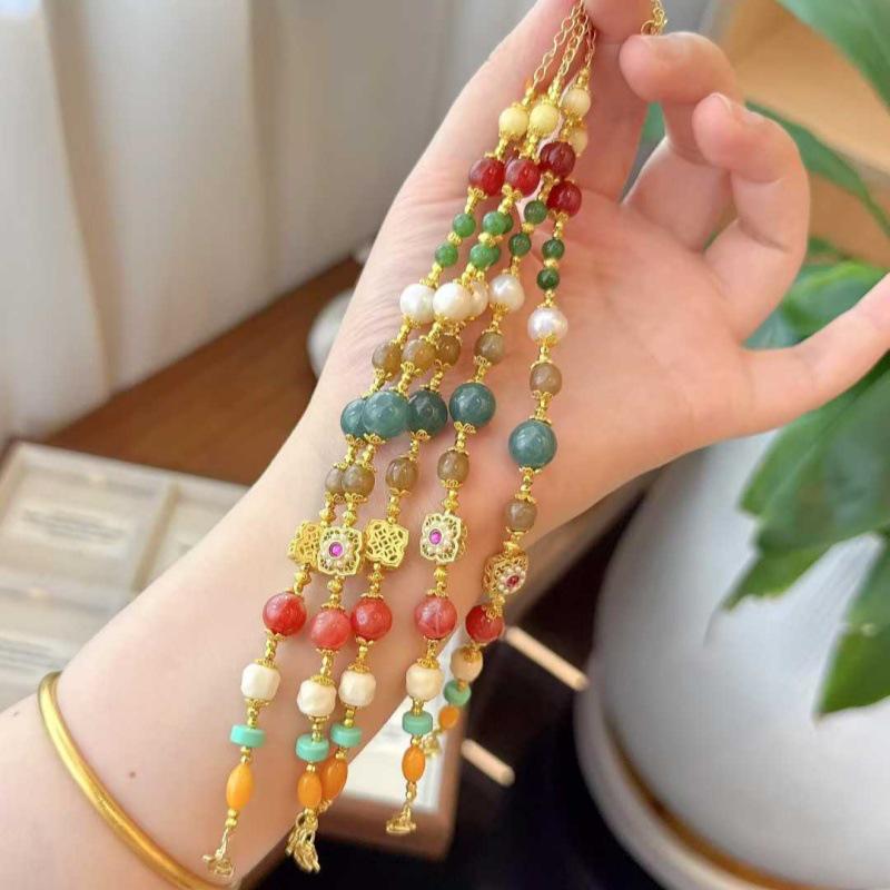 Chinese Style Multi-Gemstone Bracelet: South Red Amber, Jadeite, Hetian Jade, Pearl, Agate, and Crystal