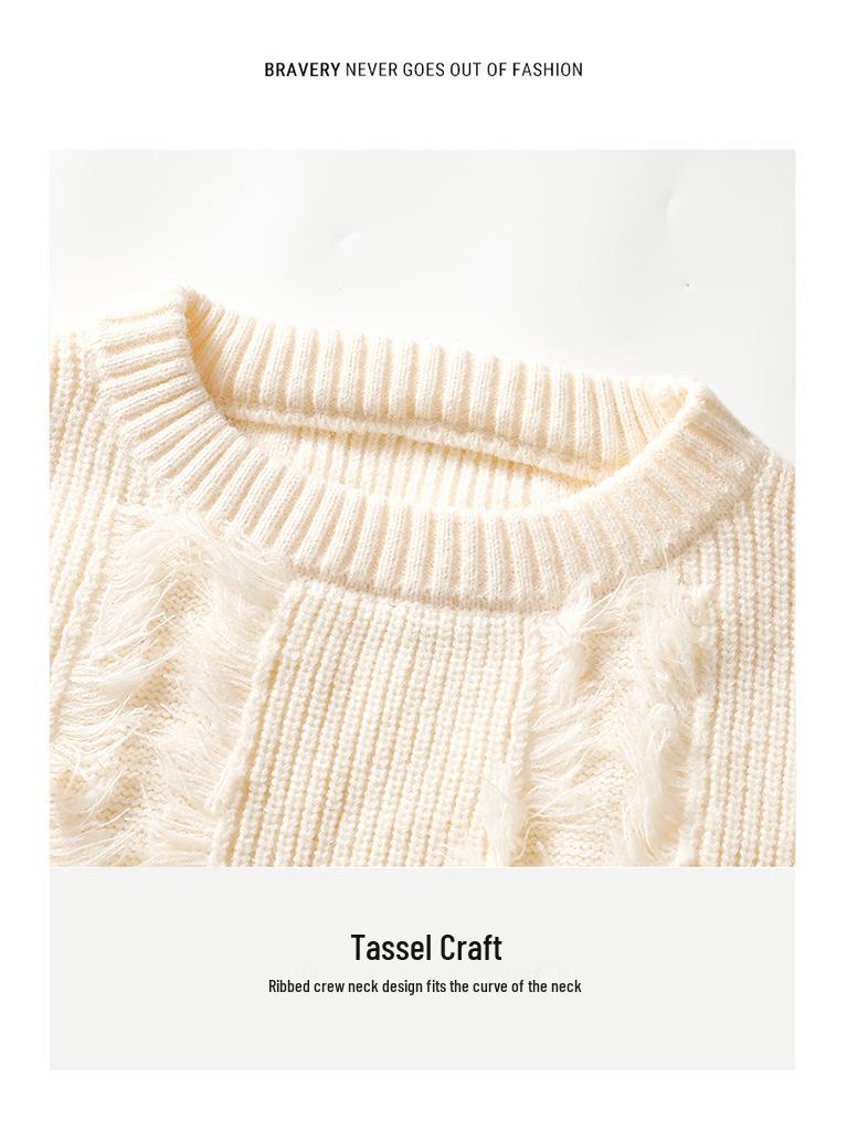 Unisex Fringe Textured Sweater, Loose Round Neck Knitwear - Japanese Lazy Style, Perfect for Autumn/Winter