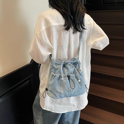 Vintage Denim Shoulder Bag Women's Crossbody Bag Commuter Drawstring Beveled Bucket Bag