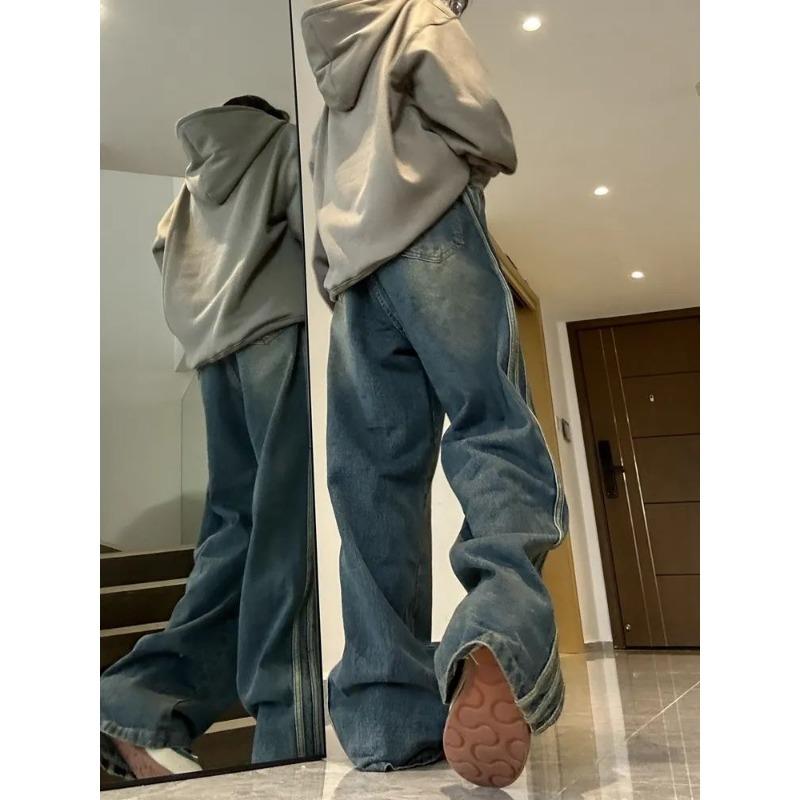 Retro American High Street Ins Side Striped Jeans for Women 2024 Spring New High-waisted Loose Slim Wide-leg Pants