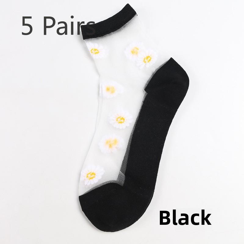 5 Pairs Small Daisy Socks Women's Summer Thin Midtube Invisible Glass Silk Crystal Stockings