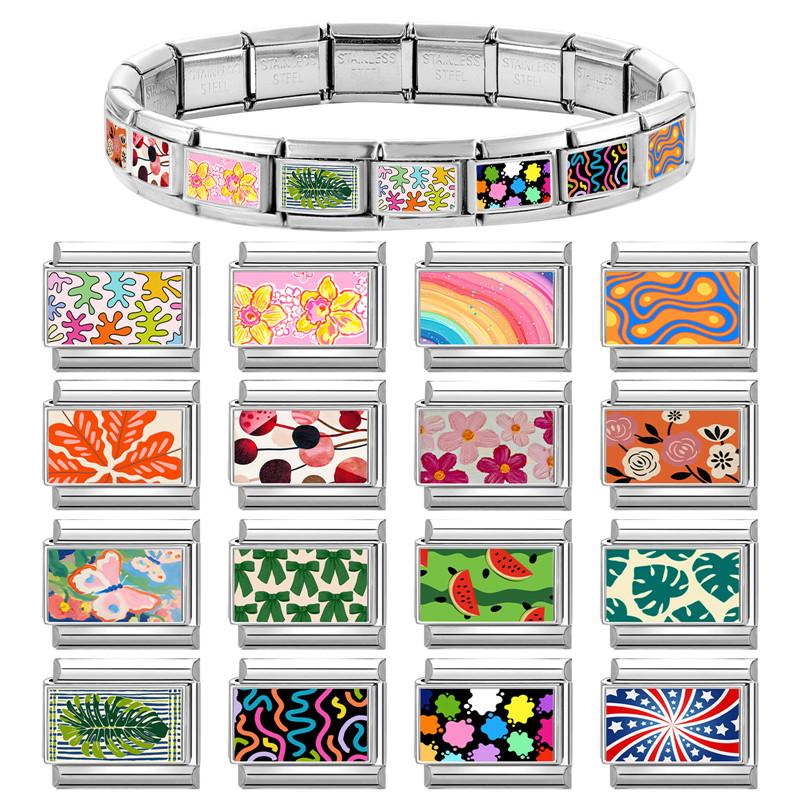 Fashion Colorful Flowers Heart Star Watermelon Butterfly Leaves Italian Charm Links Fit 9mm Stainless Steel Bracelet DIY Making