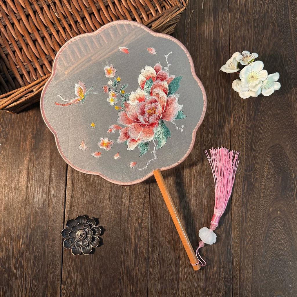 Traditional Chinese Style Round Fan, Chinese Style Suzhou Embroidery Double-Sided Embroidery, Pink Fairy Fan, Embroidery Craft Fan, Dance Fan, Hanfu