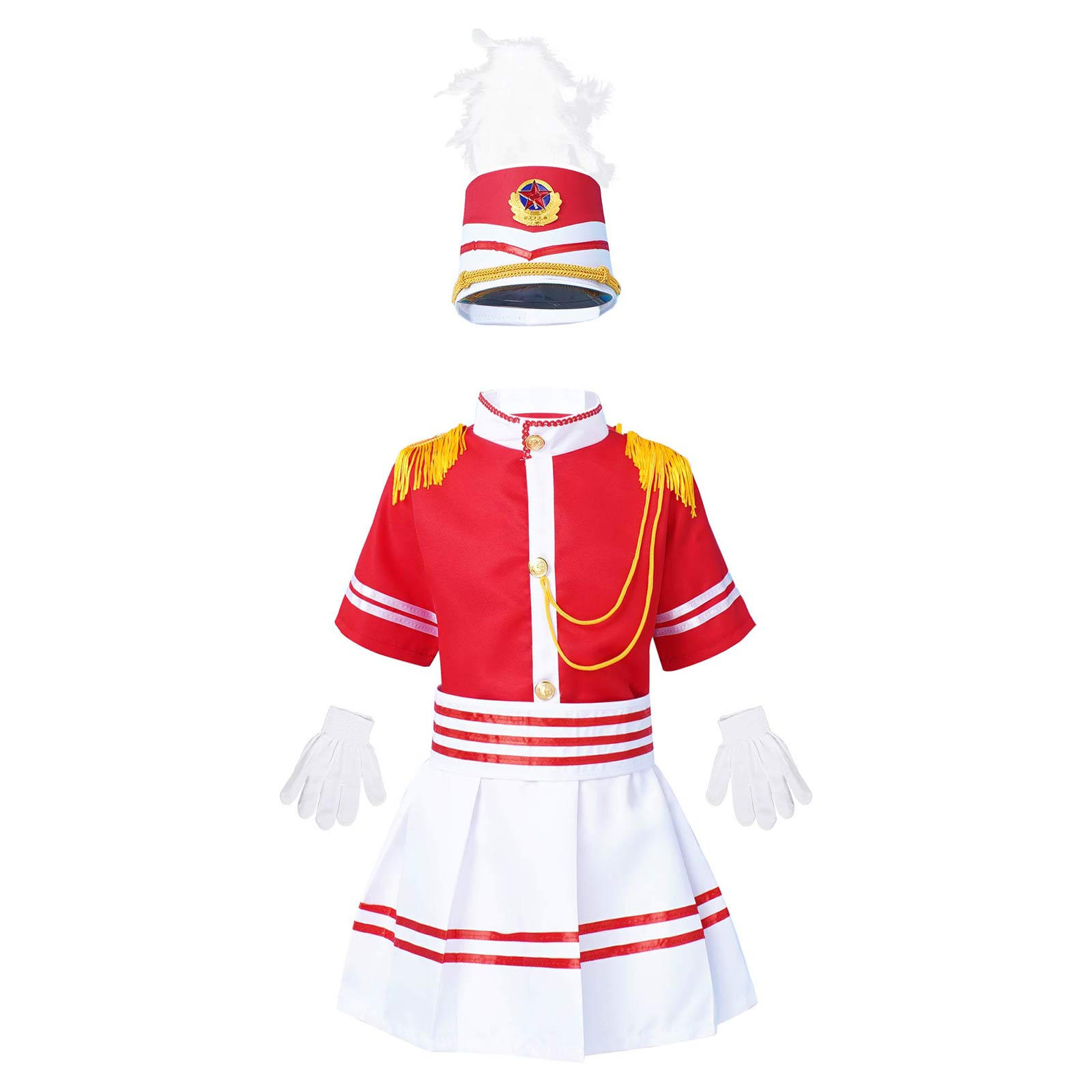 

Kids Unisex Honor Guard Costume Drum Trumpet Team Uniform Pleated Skirt Feather Trim Jacket Pants Hat Gloves Set 4-5 Years