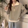 Polo lapel zipper top women's early spring contrasting stripes loose long-sleeved bottoming shirt niche sweater