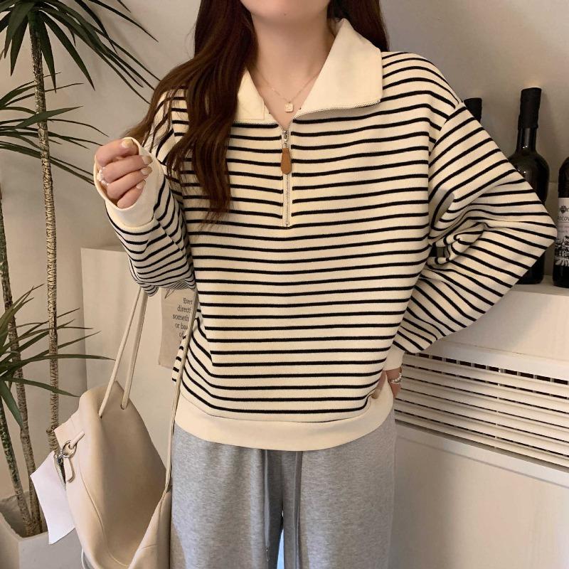 Polo lapel zipper top women's early spring contrasting stripes loose long-sleeved bottoming shirt niche sweater