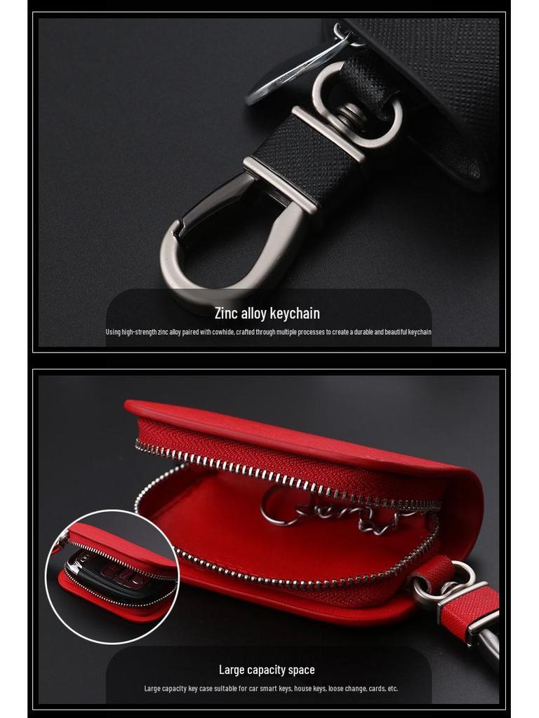 Men's Universal Cowhide Car Key Case with Waist-Mounted Zipper