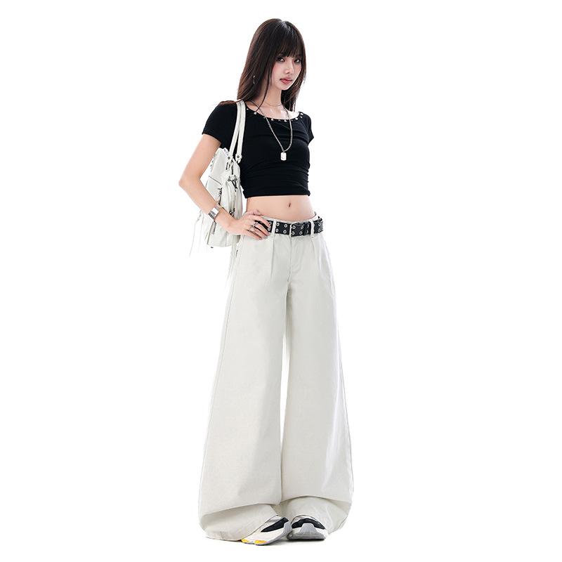 2026 Spring/Summer Women s Casual Washed Pleated Wide-Leg Low-Waist Slimming Jeans XS