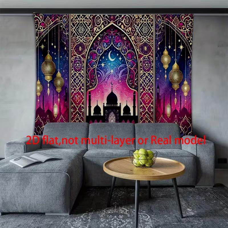 

2D Purple Gold Mosque Crescent Moon Tapestry, Islamic Eid Themed Wall Art for Home Decoration 47.2x31.5inch/120*80cm