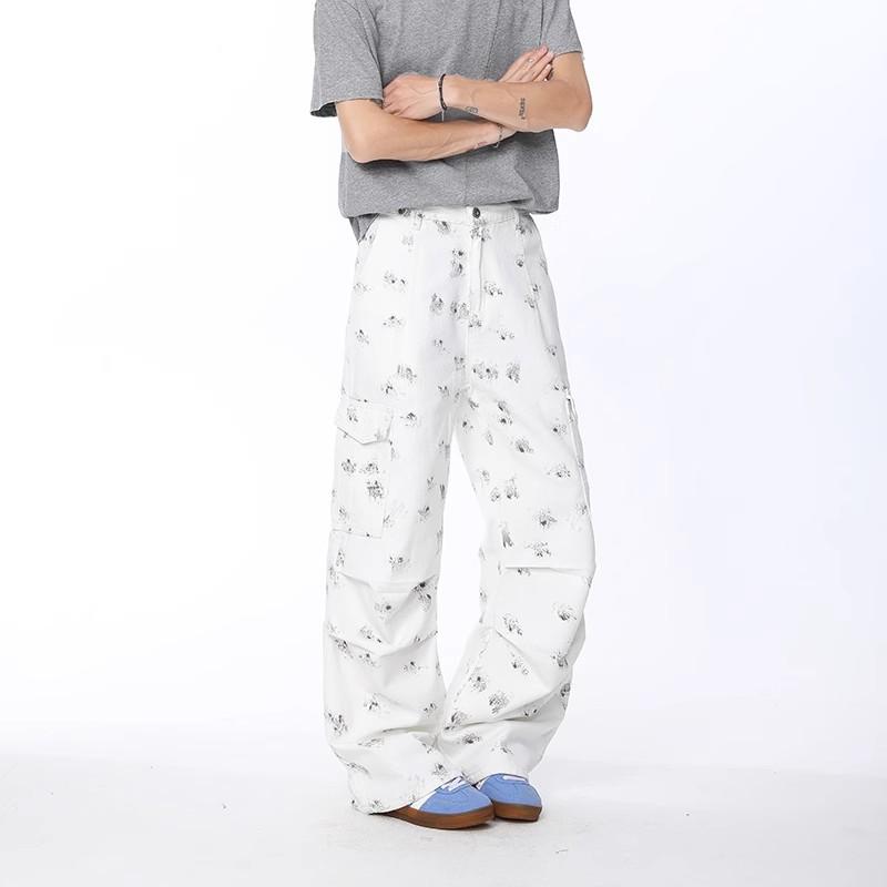

Trend floral pleated wide-leg jeans men s and women s mid-waist design sense large pockets loose and thin straight floor pants 3XL белый