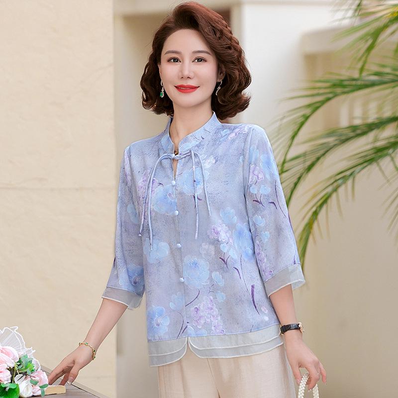 

Mom s Stylish Mid-Sleeve Summer T-Shirt – Fashionable Print, New Chinese National Style for Mid-Aged Women XXXL (123-133 lbs) синій