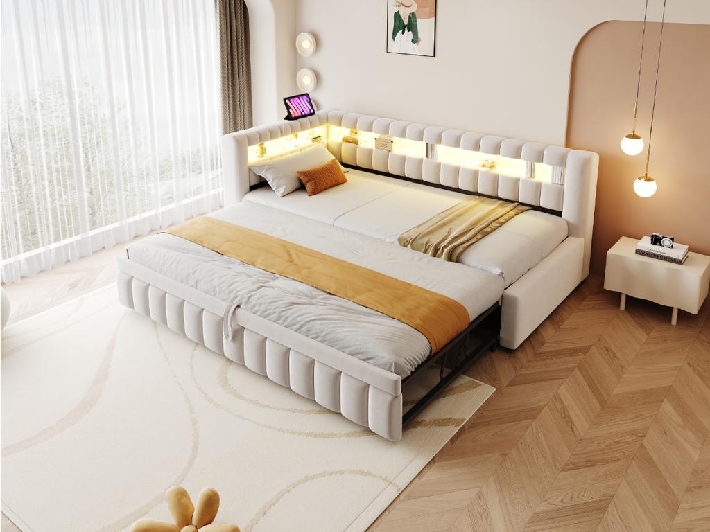 Upholstered Bed Pull-Out Sofa 90*200 Cm, With LED Lighting, Headboard and Backrest, Stripe, USB Charging Port, Velvet Beige, Old SKU LDU00422AAA