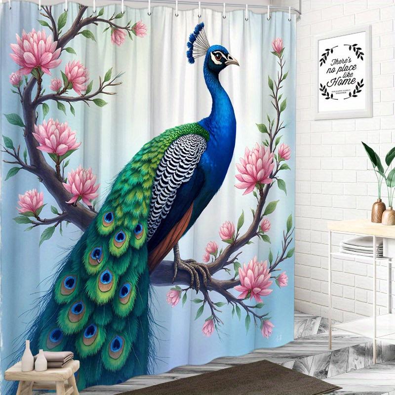 1pc Peacock Shower Curtain - Pink Blossoms, Blue-Green Feathers, Soft Gradient, 70.8x70.8", Polyester, Washable, 12 Hooks