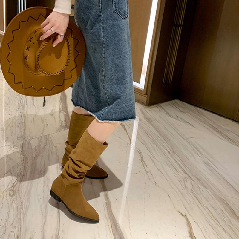 Fashion 2025 Luxury Genuine Leather Boots Women Suede Nubuck Cowboy Botas Femmes Mid-Calf Pleated Chunky Botines Fur Winter Snow Shoes