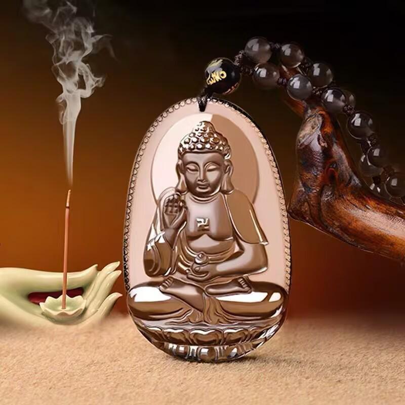 Obsidian Zodiac Pendant Necklace Featuring Akasagarbha, Samantabhadra, and Manjushri Bodhisattvas for the Twelve Zodiac Signs