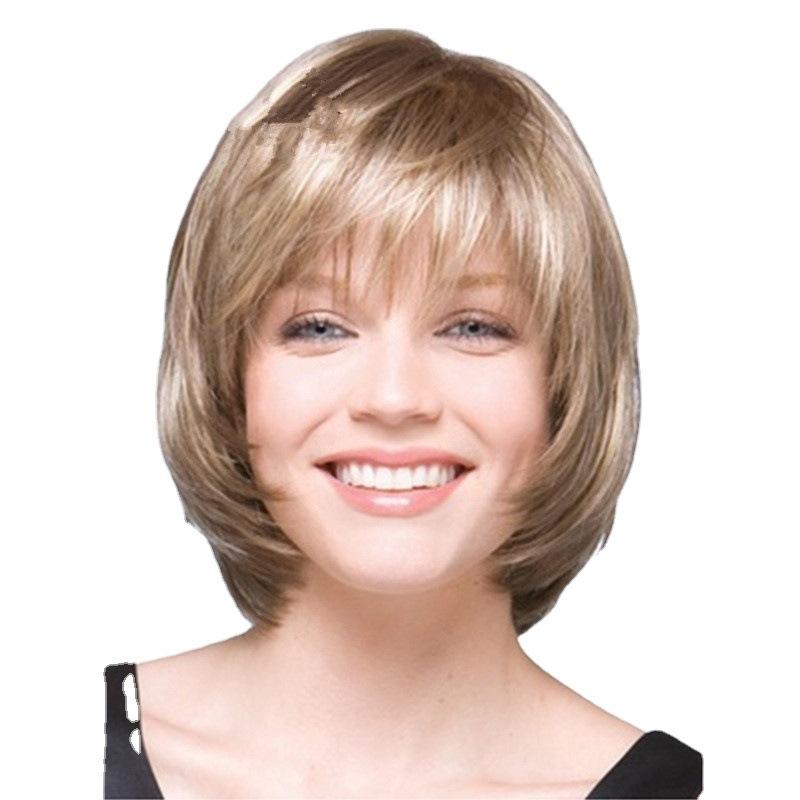 Synthetic Short Blonde Wig for White Women Straight Hair Bob Wig with Bangs Natural Soft Daily Cosplay Halloween Lolita Party
