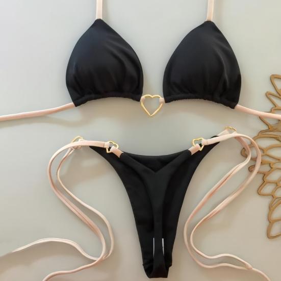 2Pcs/Set Women Bikini Set Heart Metal Buckle Halter Lace-up Swimsuit with Briefs Set