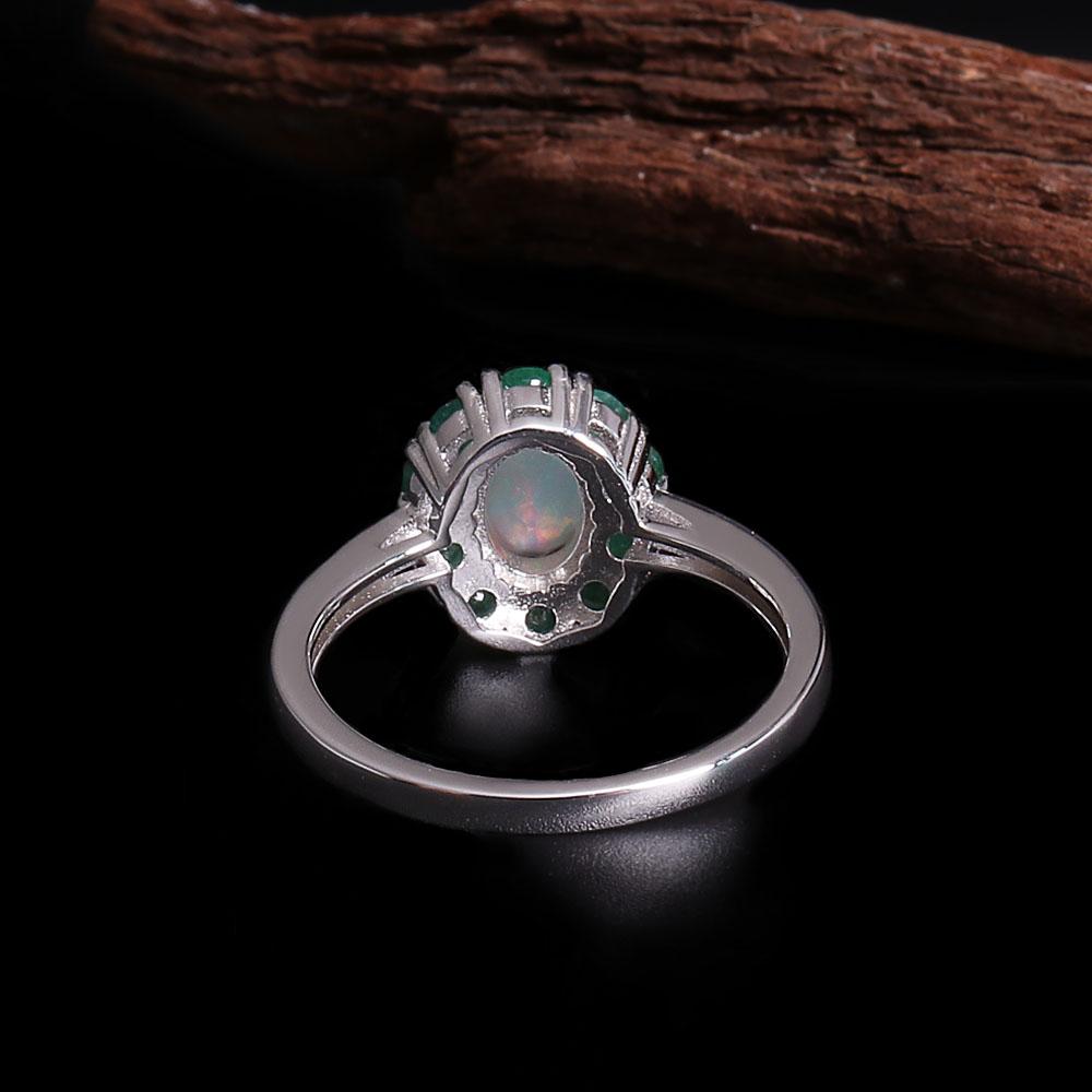 Inel superb din argint sterling 925 cu design floral, opal natural, smarald, pietre prețioase reale, bijuterii fine pentru cadouri de aniversare pentru femei