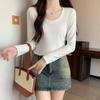Basic Right-shoulder Long-sleeved T-shirt for Women In Autumn New Style Large Neckline Exposed Collarbone Bottoming Shirt Slim Fit Pure Cotton Top