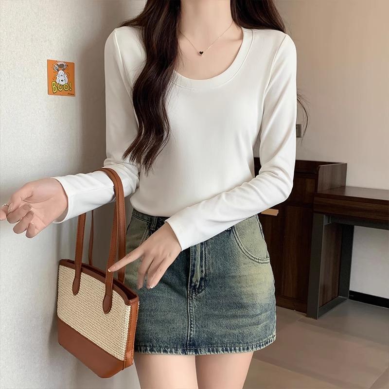 Basic Right-shoulder Long-sleeved T-shirt for Women In Autumn New Style Large Neckline Exposed Collarbone Bottoming Shirt Slim Fit Pure Cotton Top