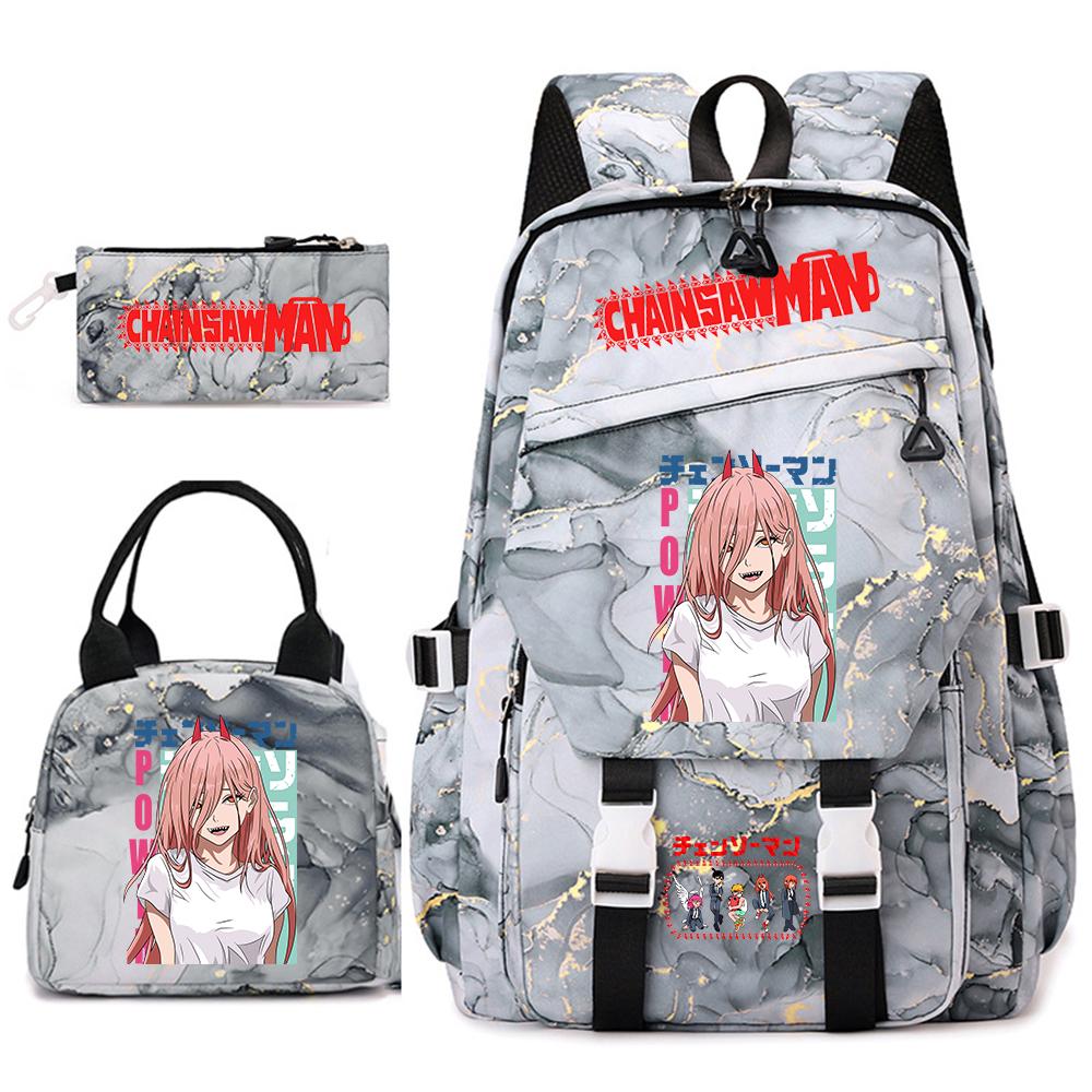 Chainsaw Man Anime Print Student Backpack Set for Girls with Lunch Bag Pencil Case School Daily Use
