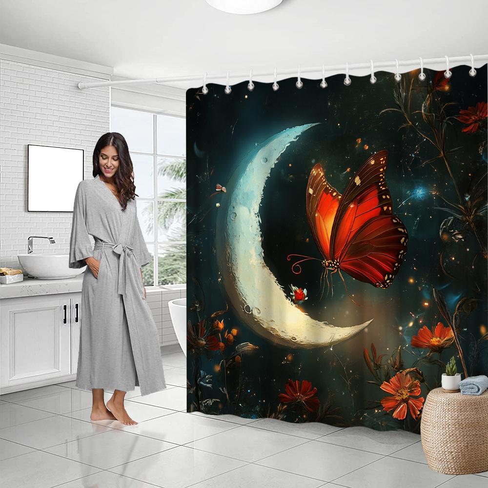 Chic Butterfly & Floral Shower Curtain, Crescent Moon & Stars Design, Vibrant Polyester, Rust-Free, Modern Bath Decor