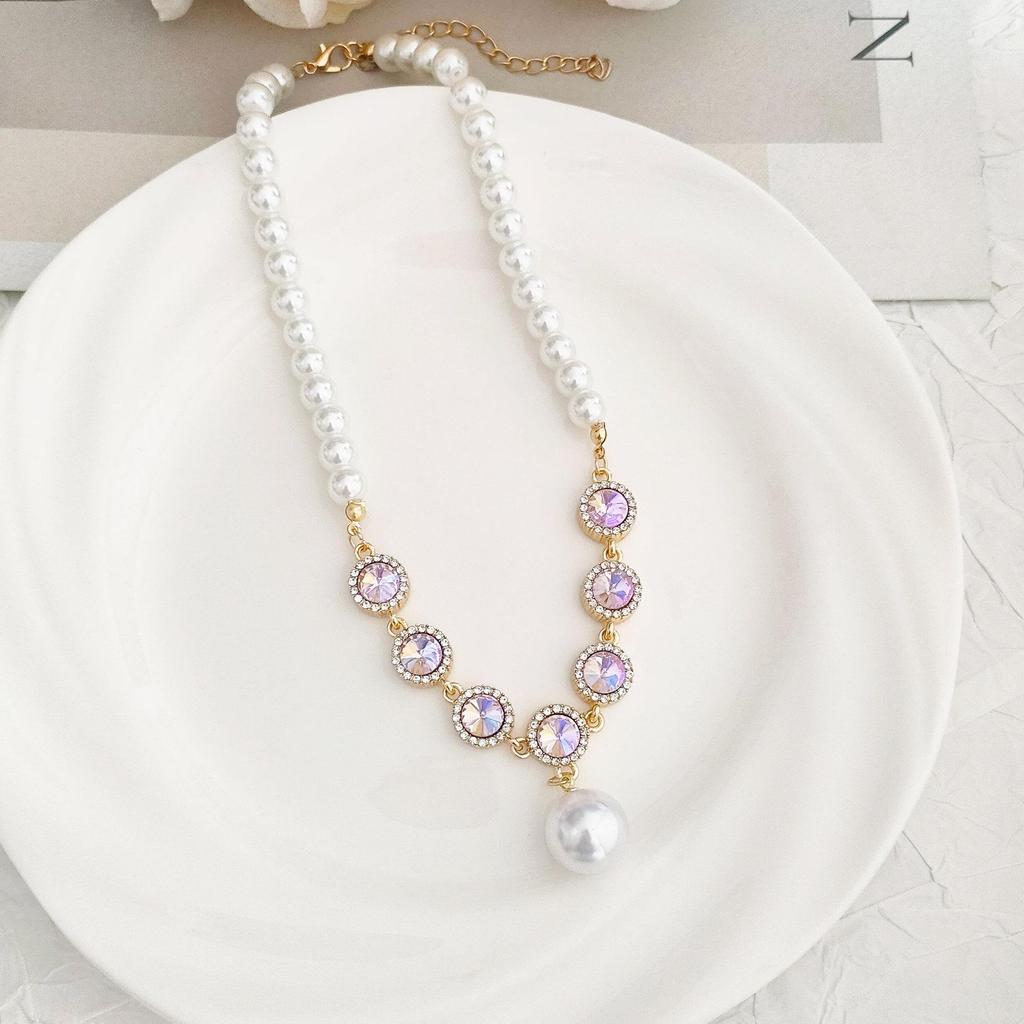 French Retro Colored Glass Pearl Clavicle Necklace