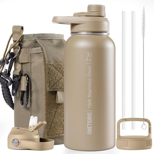 OneTigris 1 Liter Stainless Steel Water Bottle Set with Cover, Vacuum Insulated, Keeps Hot or Cold, Includes 3 Replacement Lids, 2 Straws, and 1 Brush
