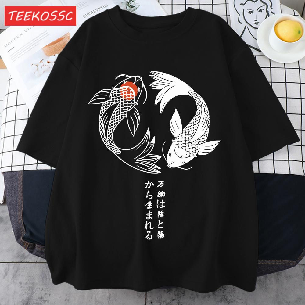 Two Koi Fish Swimming In Waterprint Men TShirts Cotton AllMatch T Shirt Comfortable Crewneck Tops Loose Unisex Summer Clothes
