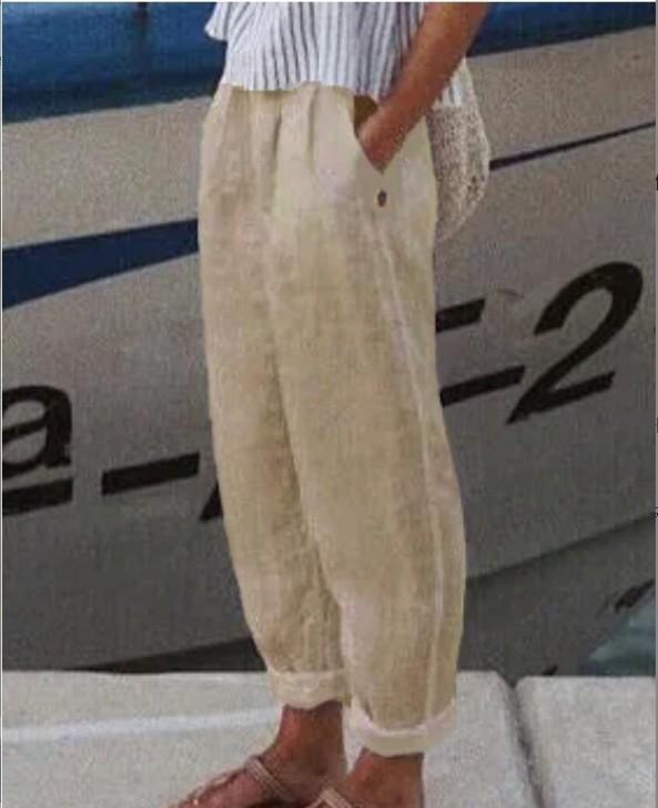 Cotton and Linen Solid Color Rolled Hem Casual Pants with Customizable Patterns