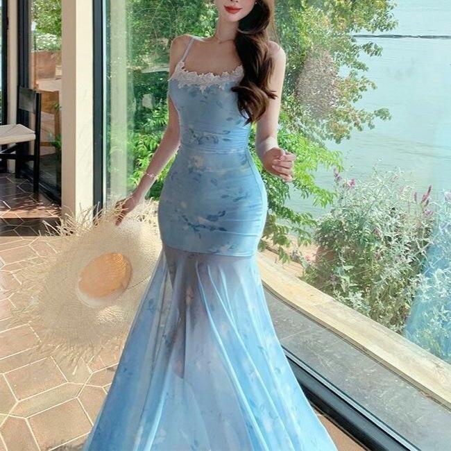 Spring Ballet Vacation Style, Super Fairy Lace Patchwork Slip Dress, Mesh Tulle Gradient Floral Mermaid Tail, Stunning Pure and Alluring Dress