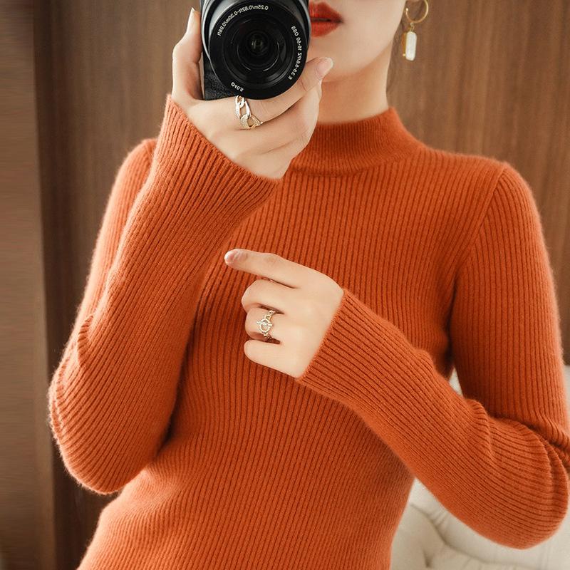 2026 Autumn Winter Women's Slim Fit Ribbed Knit Half-High Collar Sweater