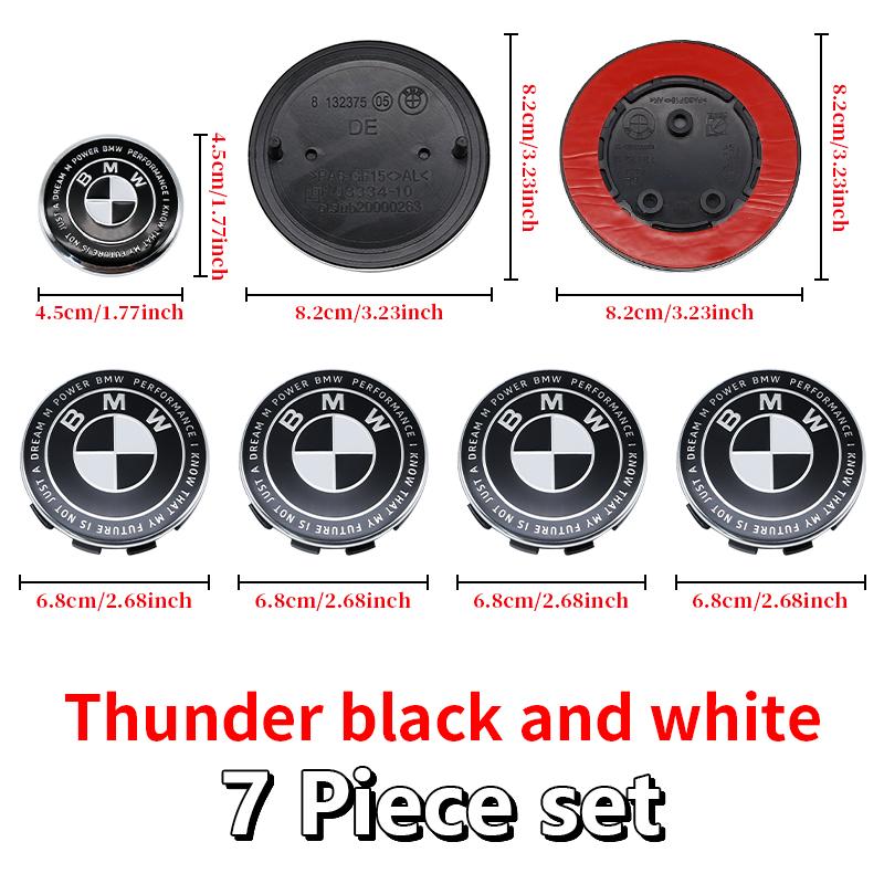 Competition Black White Emblem Set for BMW Hood Trunk Wheel Steering Badge 7Pcs 74m 82mm 68mm 56mm Universal 2-Pin 3-Pin Clips