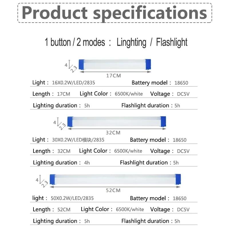 LED USB Rechargeable Lamp Tube Emergency Camping Light Magnetic Portable Lightinging Night Market Outdoor Vehicle Hard Strip