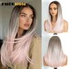FREEDOM 13x3 Layered Synthetic Lace Front Wigs For Women 18 Inch Straight Ombre Brown Blonde Lace Wig Pre-plucked Highlight Wigs