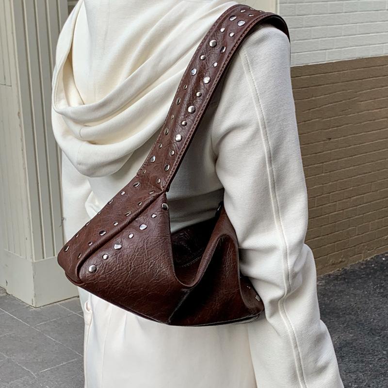 SHELKSBAG Vintage Studded Women Shoulder Bag Y2k Luxury Motorcycle Style Faux Leather Underarm Bags Crossbody 2026 Trend Handbag