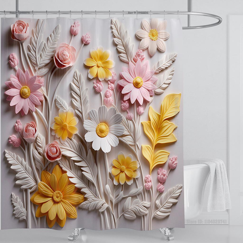 3D Floral Shower Curtain Set Orange Flower Design Fabric Bathroom Decor Waterproof Washable Shower Curtain Set with Hooks