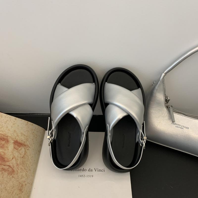 

Platform cross sandals women s fashion versatile one-button open-toe casual fashion muffin shoes 40 срібний