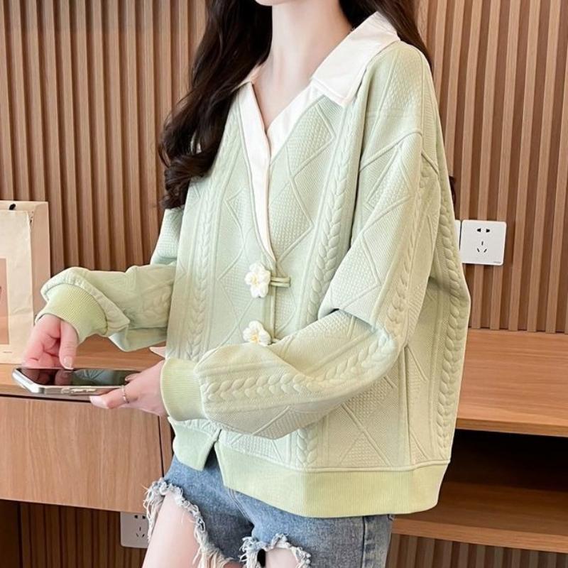 Irregular Women's Sweatshirt 3D Flower Decoration Lapel Contrasting Long Sleeved Pullover Korean Version Spring New Style Loose Woman Top