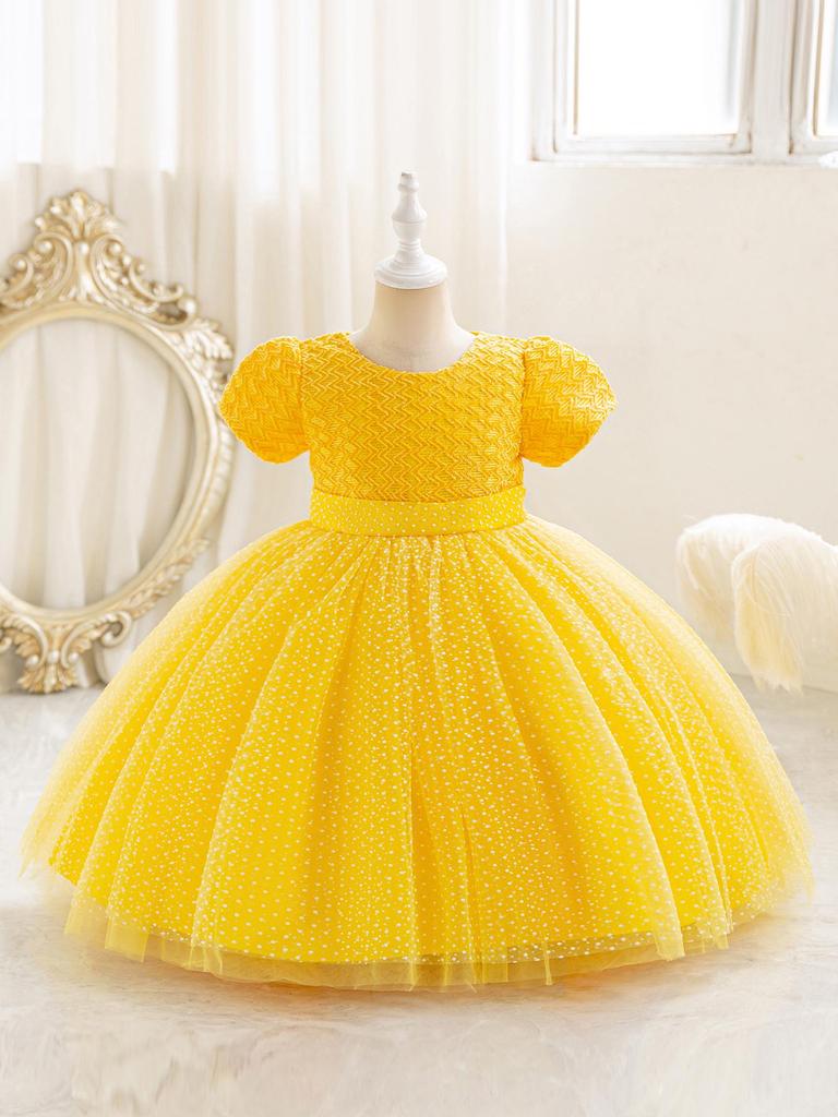 Sequin Puffy Princess Dress for Girls - Evening & Catwalk Performance Attire with Bubble Sleeves