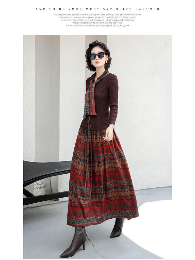 Bohemian Ethnic Print High Waist A-line Maxi Skirt for Women - Autumn 2026 Collection