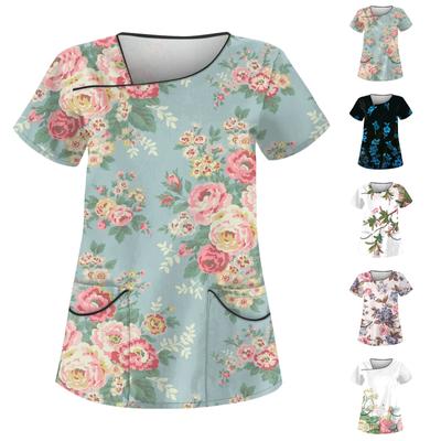 Lässige, bedruckte Kurzarm-Arbeitskleidung für Damen mit doppeltem Taschenoberteil