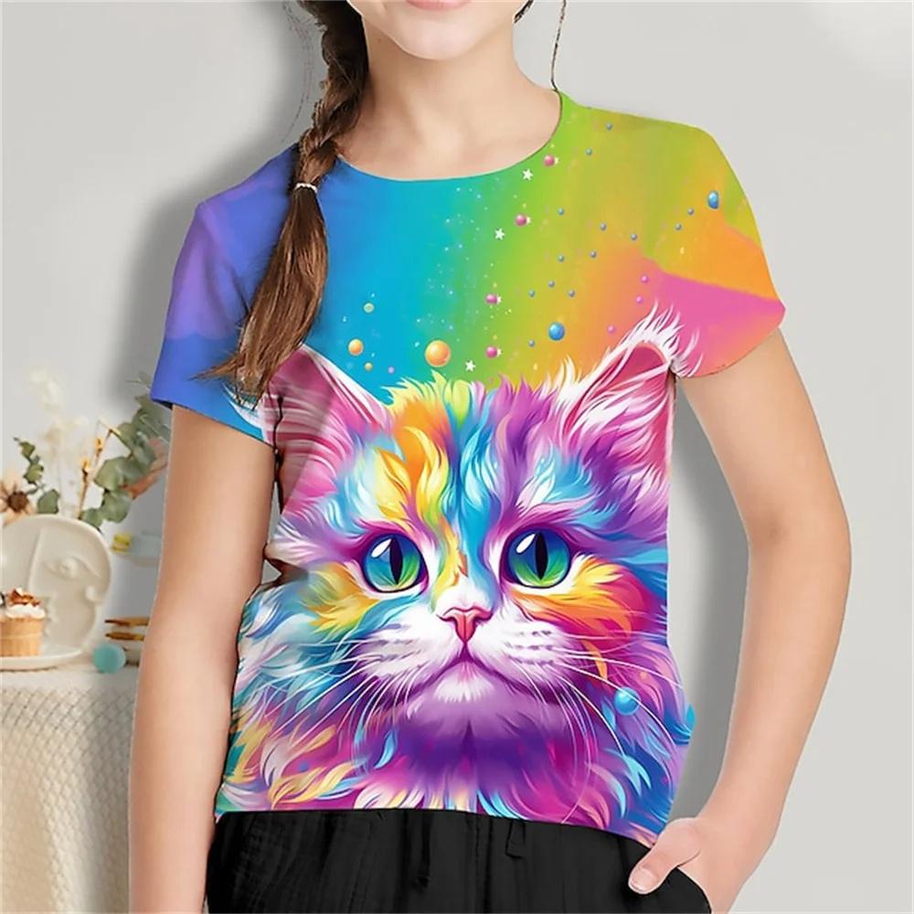 2025 Funny Animal Cat 3d Print Girls' T-Shirts Festival Party Fashion Short Sleeved Tops Casual T-Shirts Girls' Clothing