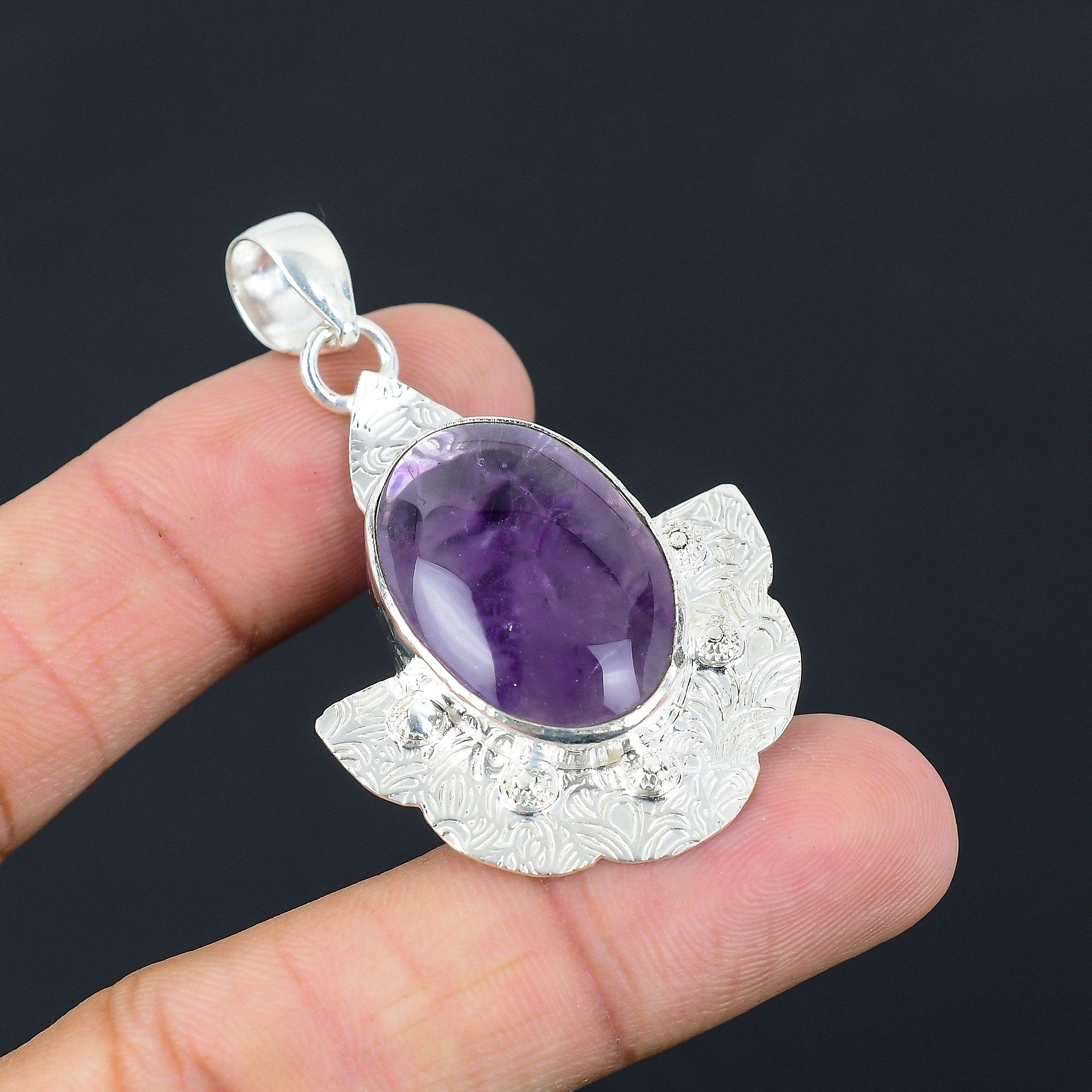 

Daughters Day Sale 925 Silver Oval Star Amethyst Gemstone February Birth Pendant