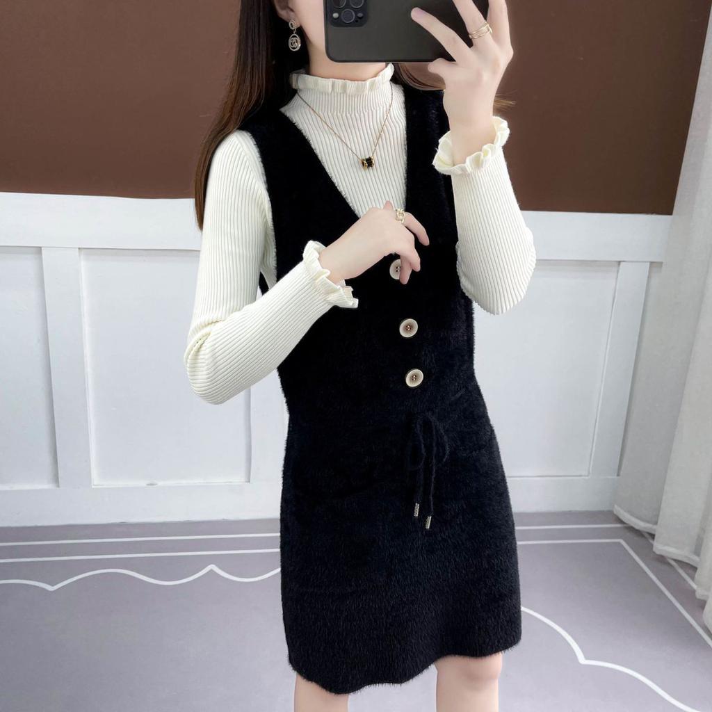 Faux Mink Knitted Waistcoat Spring and Autumn Mohair V-neck Vest Knitting Versatile Sleeveless Mid-length Casual Women's Dress