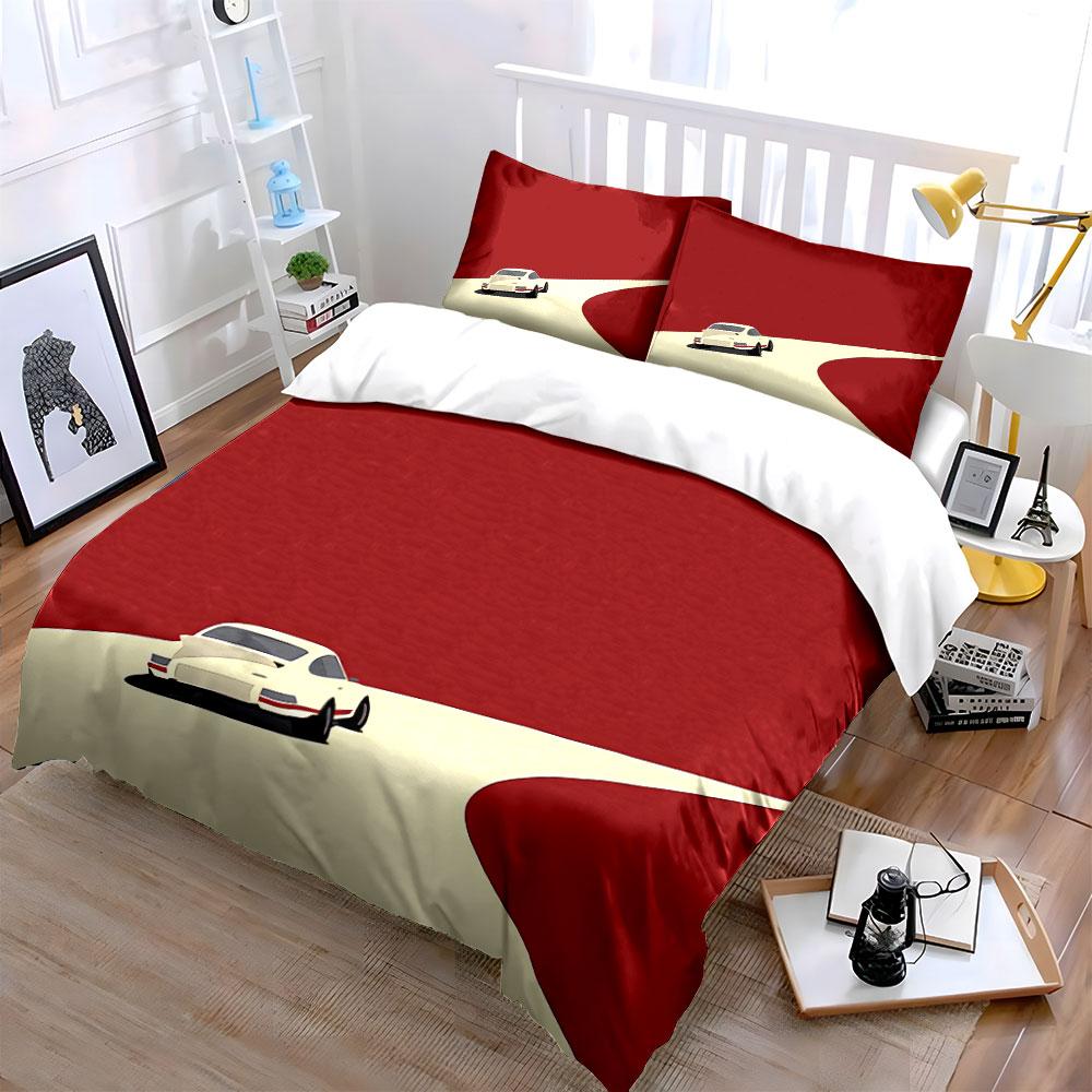 Retro Car on Red Road Bedding Duvet Cover Set Duvet Cover Pillowcases (1*Duvet Cover 2*Pillowcases, without duvet insert)