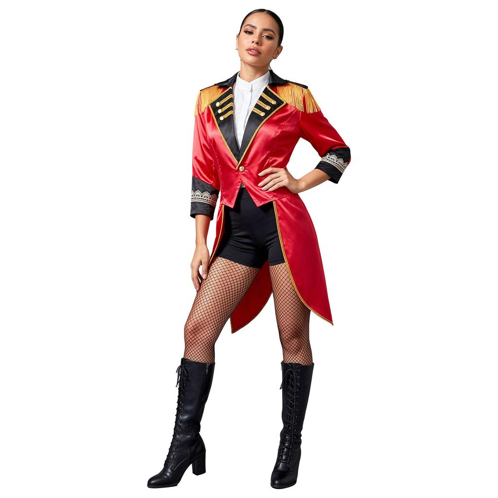 Giacca da Pista da Circo da Donna con Frange sulle Spalle, Collo a Revers, Maniche Lunghe, Polsini in Pizzo, Blocco di Colore, Raso per Feste a Tema Halloween, Carnevale, Role Playing